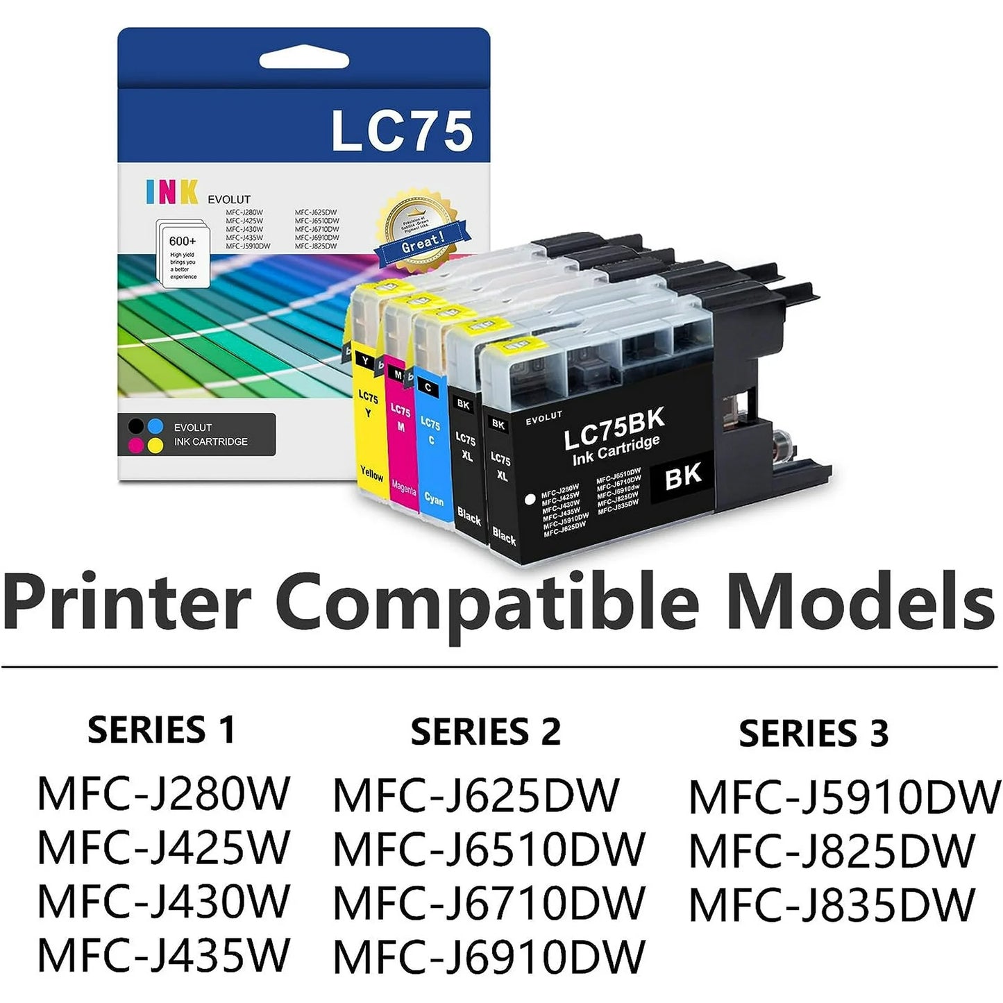 LC75 5-Pack (BK/C/M/Y) High Yield Ink Cartridge Replacement for Brother LC75 Mfc-J280W Printer