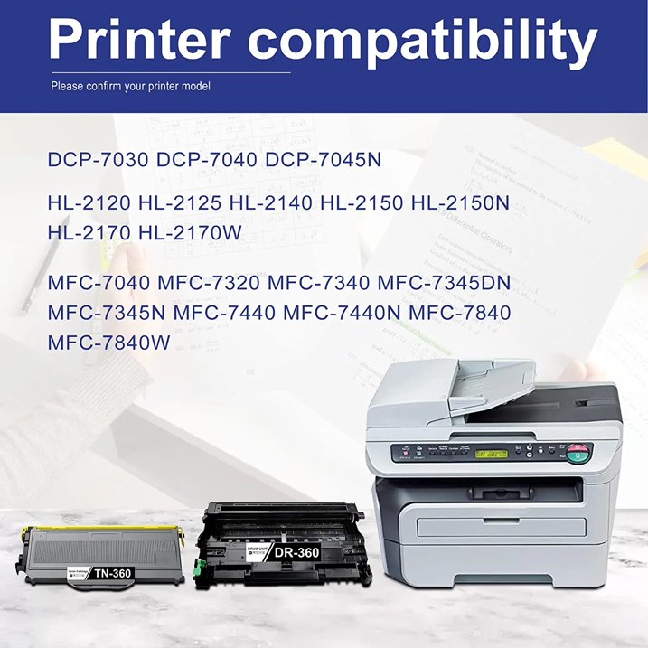 TN360 Toner Cartridge & DR360 Drum Unit Replacement for Brother DCP-7030 Printer (1 Toner+1 Drum)