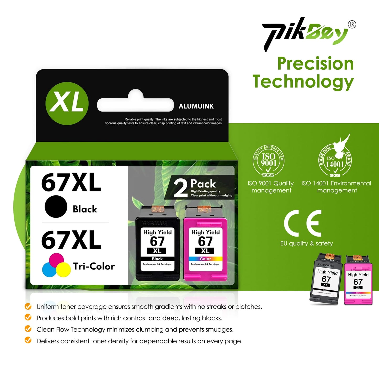 67XL Ink Cartridge Black/Tri-Color Compatible for HP 67 Ink Cartridges for DeskJet 2700 2755e 2800 2855e 4155e 4255e 2755 2852e Envy 6000 6055e 6455e Printer (2-Pack)