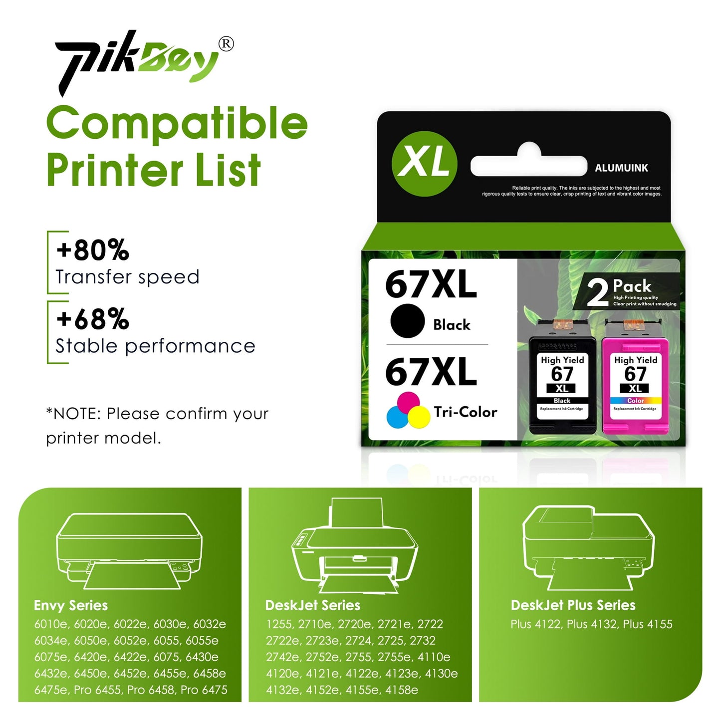 67XL Ink Cartridge Black/Tri-Color Compatible for HP 67 Ink Cartridges for DeskJet 2700 2755e 2800 2855e 4155e 4255e 2755 2852e Envy 6000 6055e 6455e Printer (2-Pack)