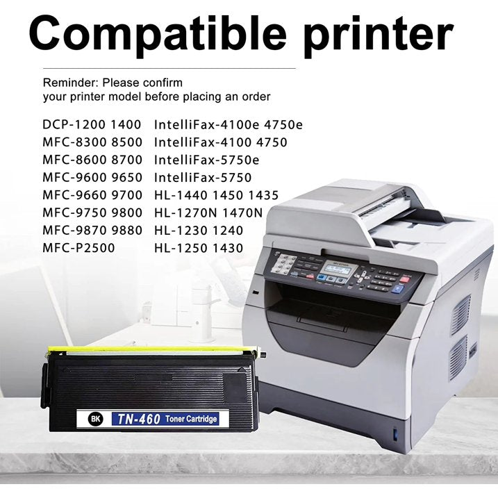 Compatible TN460 TN-460 Toner Cartridge Replacement for Brother DCP-1200 1400 HL-1440 1450 1435 1270N 1240 MFC-8300 8500 P2500 IntelliFax-4100e 4750e 4100 5750 Printer (Black,1-Pack)