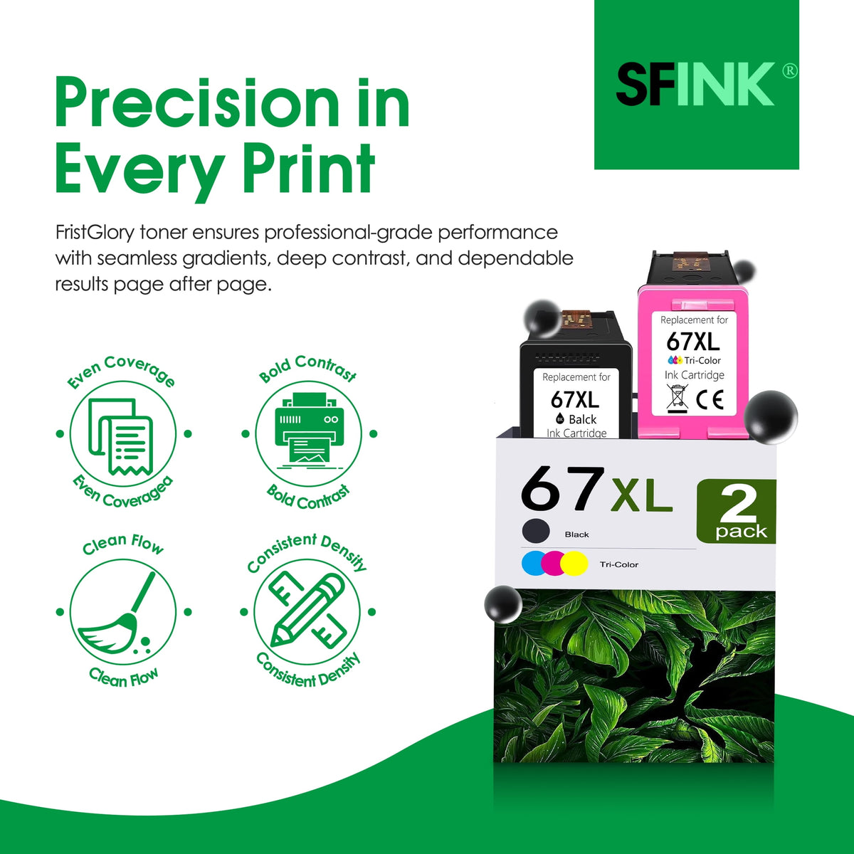 67 XL 67XL Ink Cartridges 2-Pack Black and Tri-Color Compatible for HP 67 Ink Cartridges for DeskJet 2700 2700e 2855e 2755 2755e 4155e 4255e Envy 6000 6400 6055e Printers