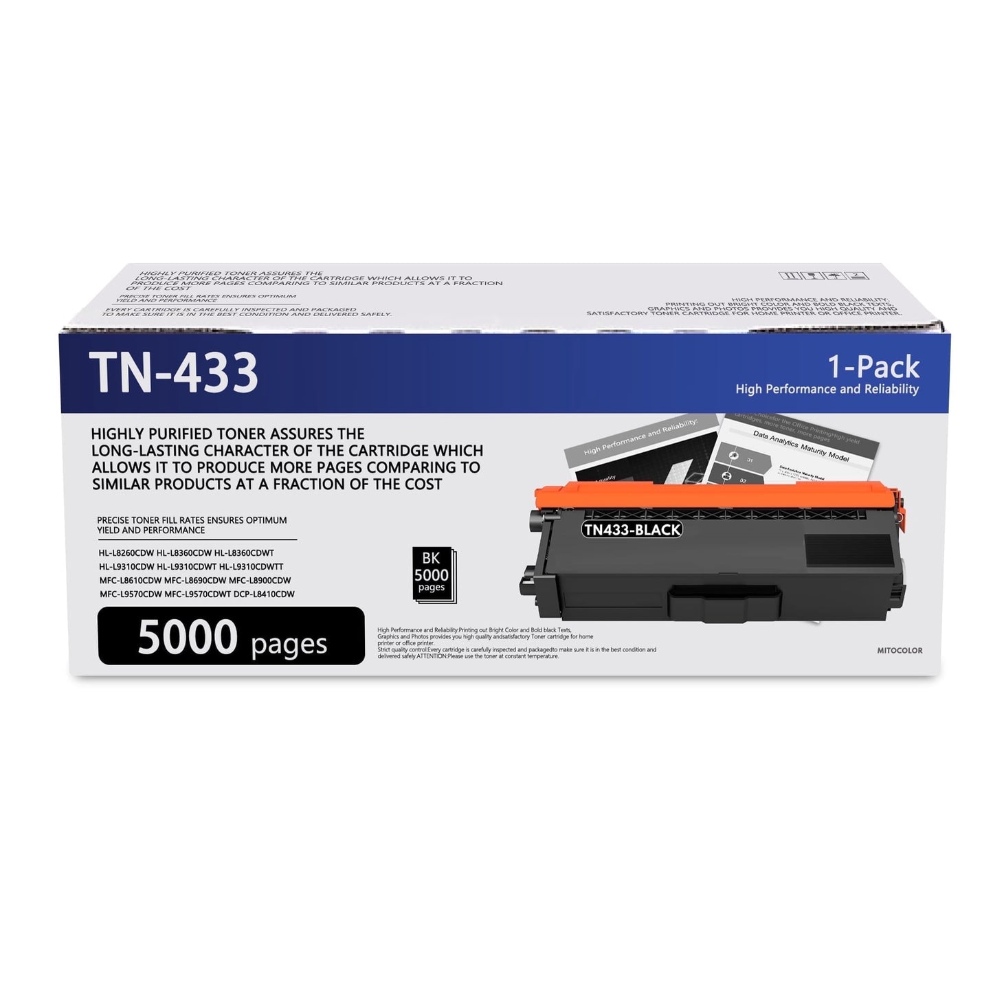 1 Pack TN433 Black High Yield Toner Cartridge TN-433 Compatible Compatible for Brother HL-L8260CDW L8360CDW MFC-L8900CDW L9570CDW Printer