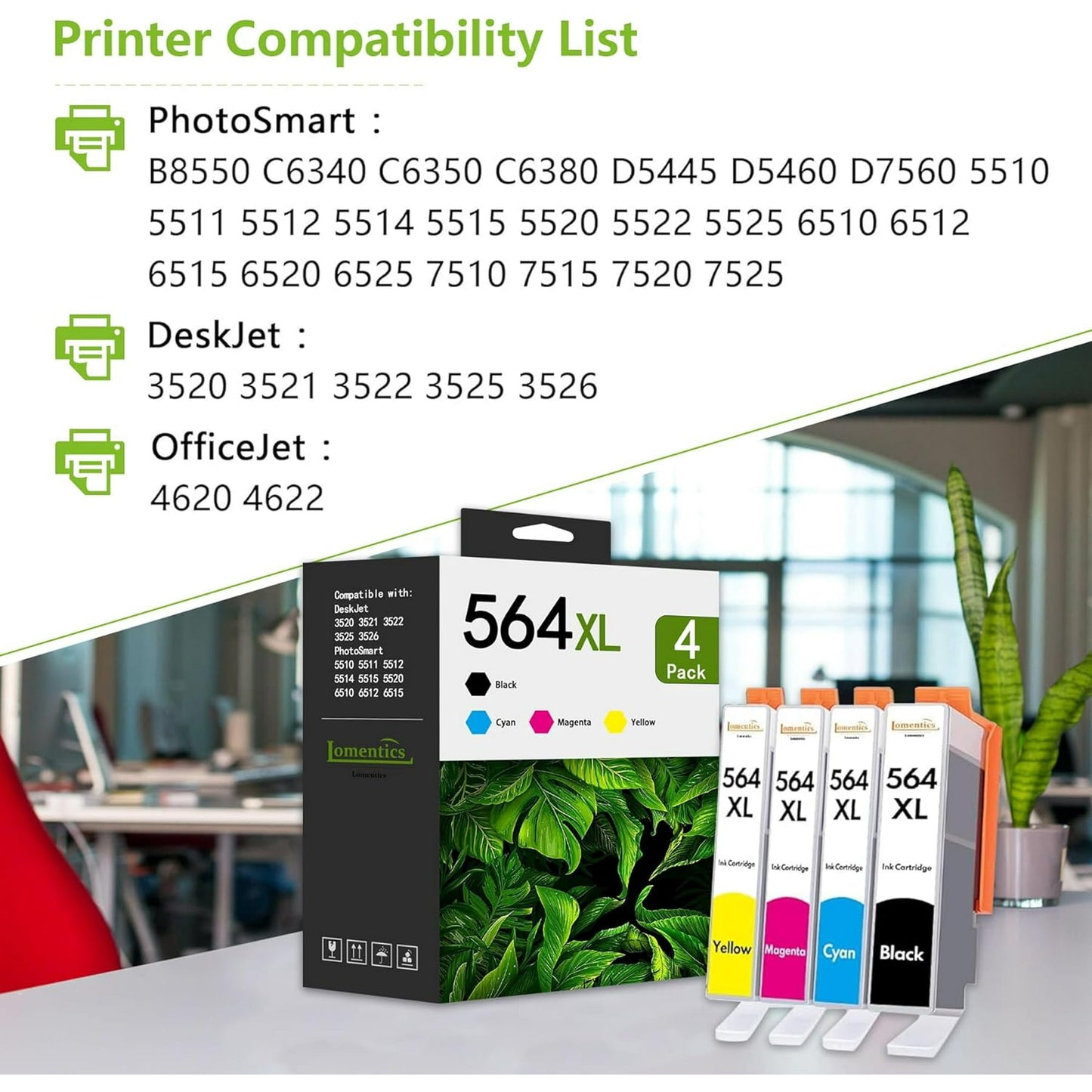 564XL Ink Cartridge (4-Pack Black/ Cyan/ Magenta/ Yellow) Compatible for HP 564 XL Ink Cartridges for DeskJet 3520 OfficeJet 4620 PhotoSmart B8550 Printer