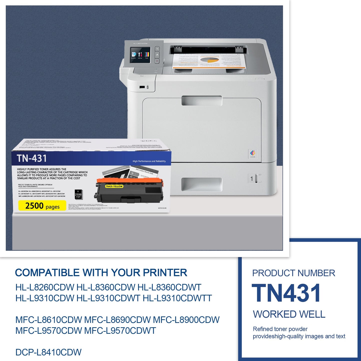 TN431 Toner Cartridges (Yellow, 2-Pack) Replacement for Brother TN-431 Toner Cartridges for HL-L8260CDW L8360CDW MFC-L8900CDW L9570CDW Printer