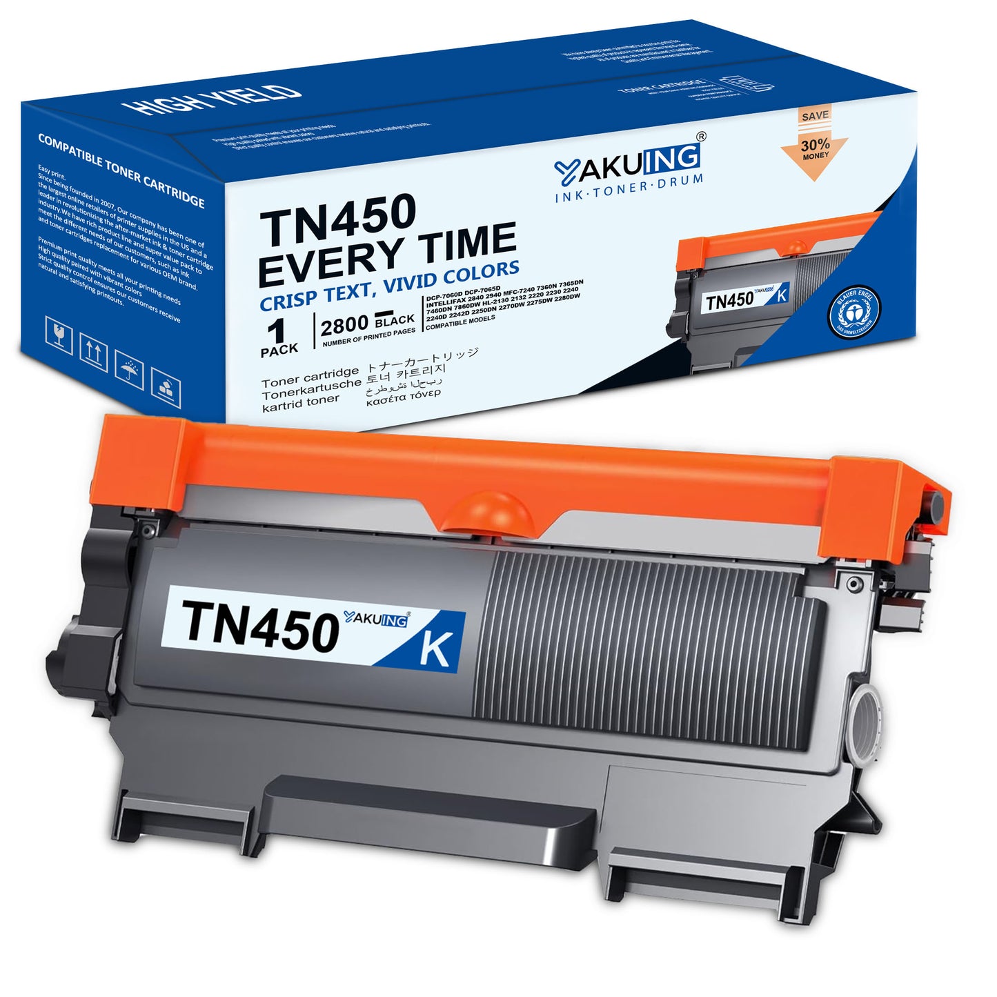 TN450 TN 450 Toner Cartridge Compatible for Brother TN450 High Yield Black Works with DCP-7060D 7065D Intellifax-2840 2940 HL-2270DW 2275DW [1-Pack, 2800 Pages Per Cartridge]