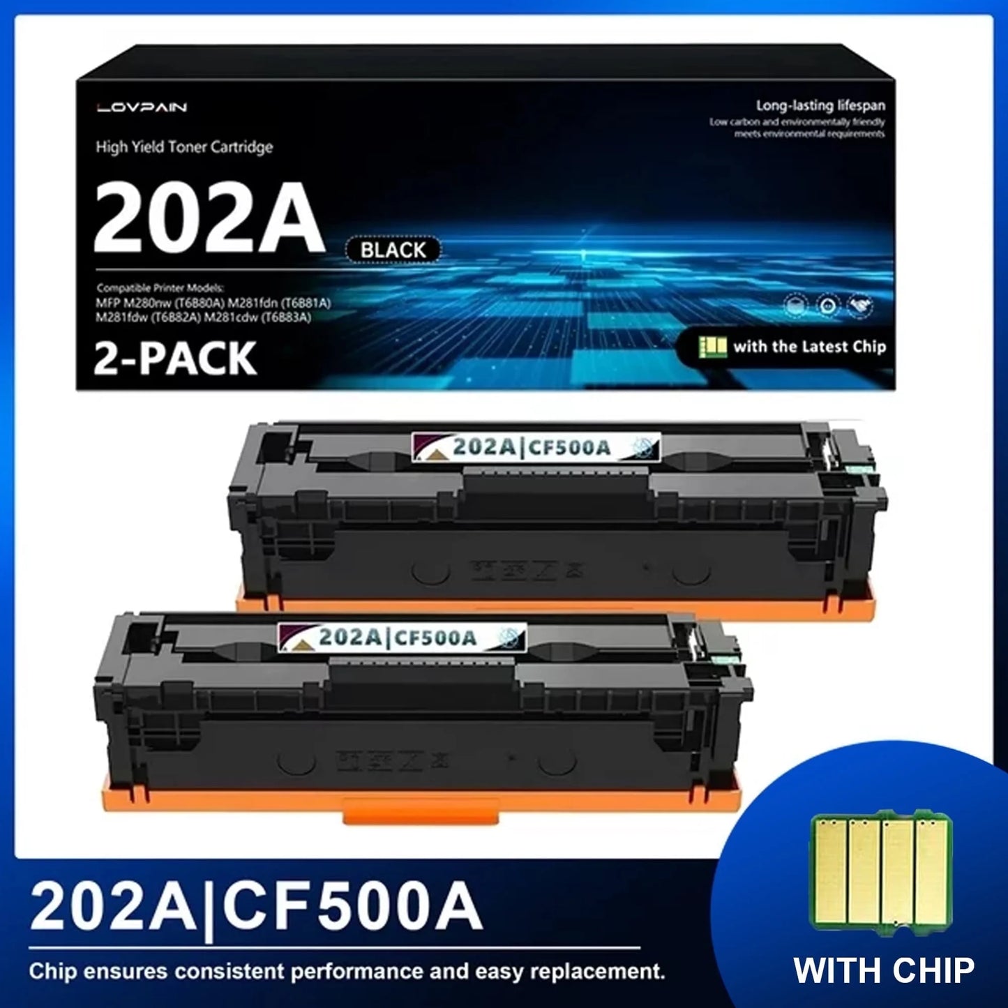 2 Pack Black 202A | CF500A Toner Cartridge Yields Up to 1,400 Pages Compatible for HP Color Pro MFP M281fdn MFP M281fdw Printers