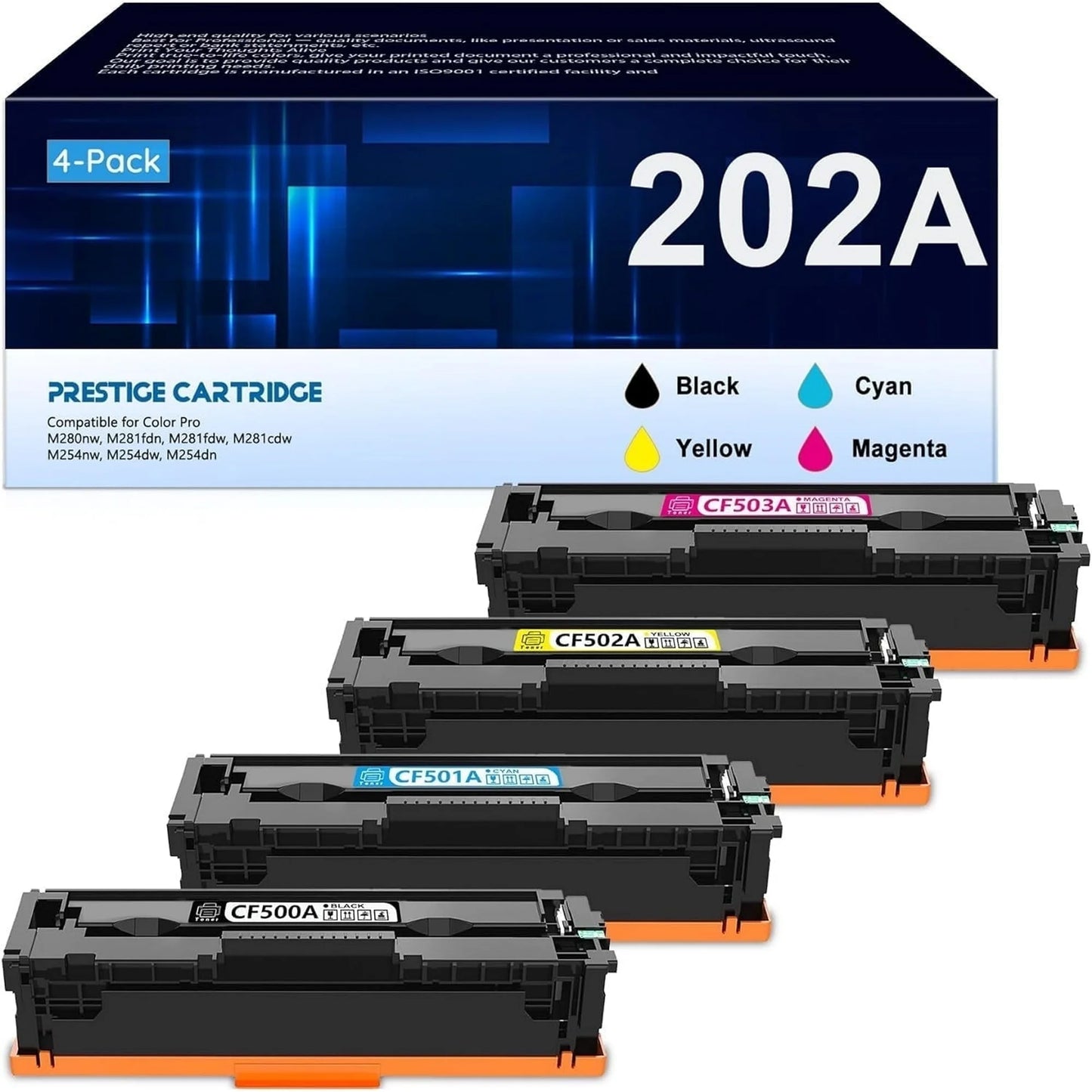 202A Toner Cartridges with Chip 4-Pack (CF500A, CF501A, CF502A, CF503A) Compatible for HP 202A HP202A for Color Pro M254dw Color Pro MFP M281cdw Printer