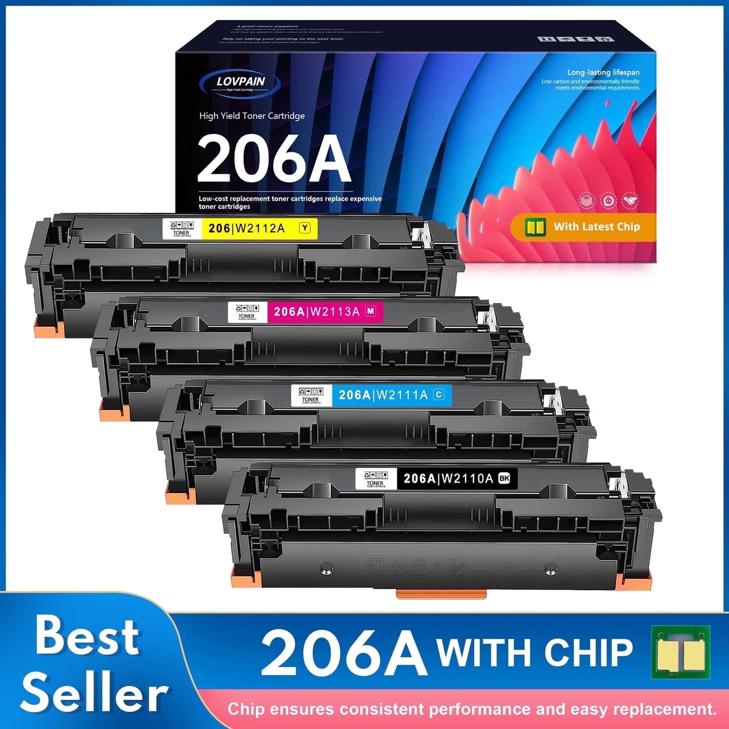 206A W2110A Toner With Chip Compatible for HP 206A Toner Cartridges 4 Pack for Color Laserjet Pro M255 M282 M283 Series Printer (Black Cyan Yellow Magenta）