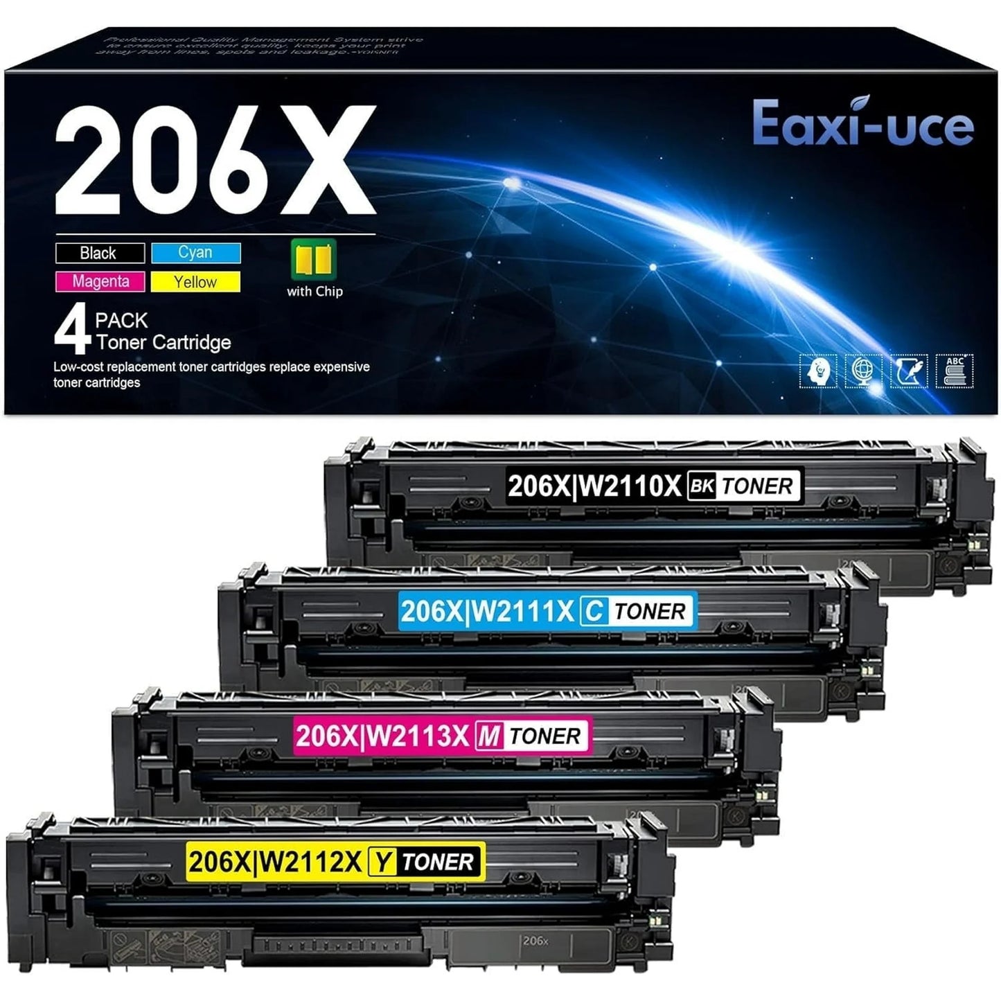 206X Toner Cartridges 4 Pack High Yield (with Chip) Toner Cartridge: Compatible for HP 206X 206A W2110X with Color Pro MFP M283fdw M283cdw M255dw M282nw Printer 206X Set Toner