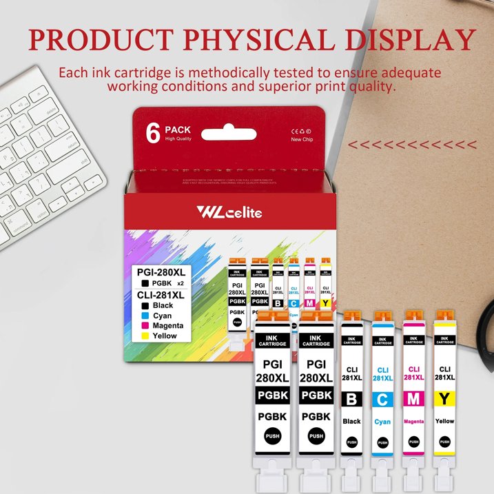 PGI 280XL CLI 281XL Ink Cartridge Compatible for Canon 280 281 Ink Cartridges Combo Pack (2*PGBK 1*Black 1*Cyan 1*Magenta 1*Yellow)