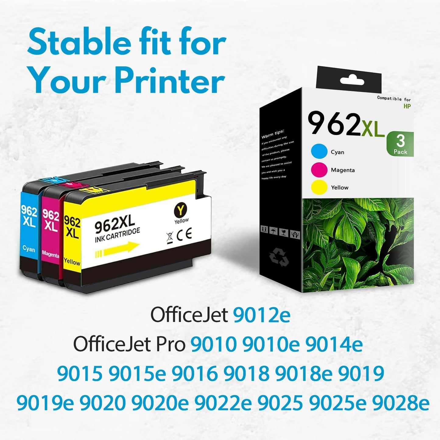 3 Pack 962XL Ink Cartridge 962 Cyan Magenta Yellow Compatible Whit HP 962 Ink 9020 9025e 9029