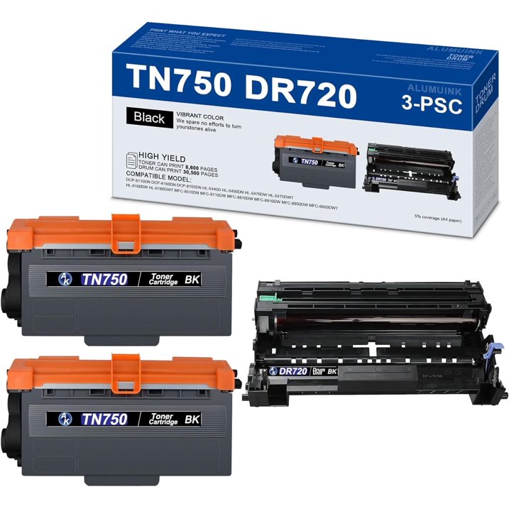3 Pack TN750 TN-750 DR720 DR-720 High Yield Compatible Drum Unit & Toner Cartridge Replacement for Brother HL-5240 5250DN/DNT 5280DW 5270DN 5370DW/DWT Drum Unit Printer (2 Toner, 1 Drum)