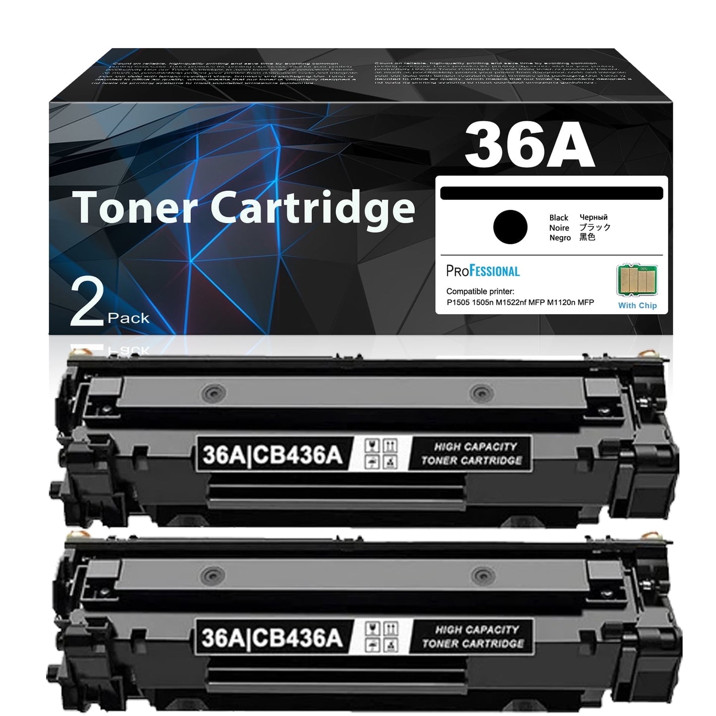 36A CB436A High Yield Toner Cartridge Compatible for HP P1505 1505n M1522nf MFP M1120n MFP Printer, 2 Pack 36A Toner