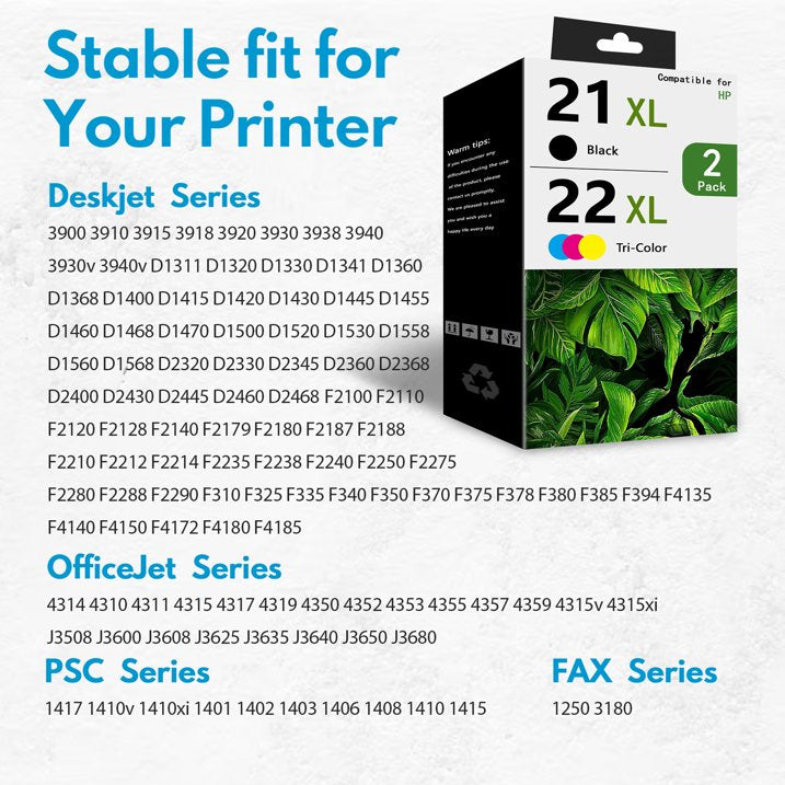 21 XL 22 XL Ink Compatible for HP 21 and 22 21XL 22XL Combo Pack for HP Deskjet D1430 D2330 F2100 F380 PSC 1410 Officejet 4314 J3600 Printer (Black, Tri-Color)