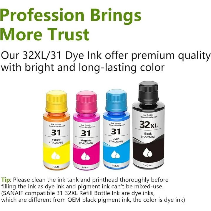 31 Ink 32XL Ink Bottle Cartridges Compatible for HP 31 32 XL Ink Bottle for Smart Tank 5102 7300 Ink Refill Printers