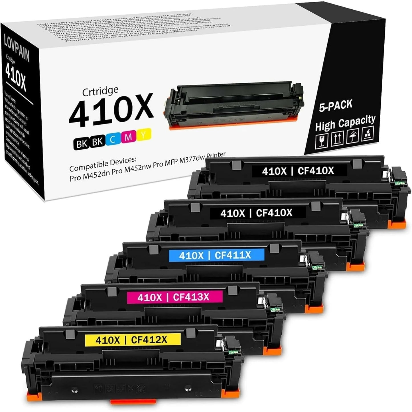 410X High-Yield Toner Cartridges Compatible for HP 410X 410A CF410X CF411X CF413X CF412X CF410A Toner Cartridges Pro MFP M477fnw M477fdw M452dn M477 M452 (5 Pack,2 Black/1 Cyan/1 Magenta /1 Yellow)