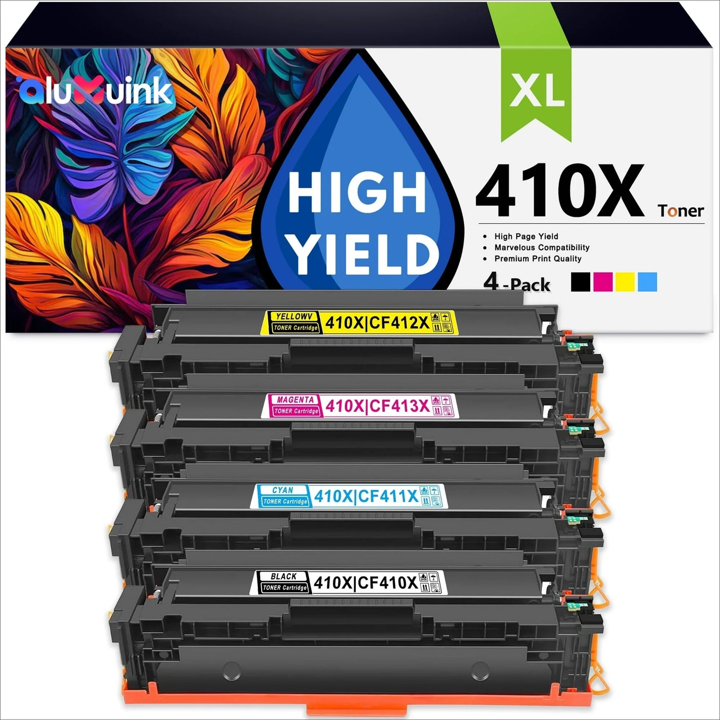 410X Toner Cartridge 4 Pack Compatible for HP 410X CF410X CF411X CF413X CF412X For Color Laser Pro M452 Series, Color Laser Pro MFP M377, M477 Series Printers | Black, Cyan, Magenta, Yellow