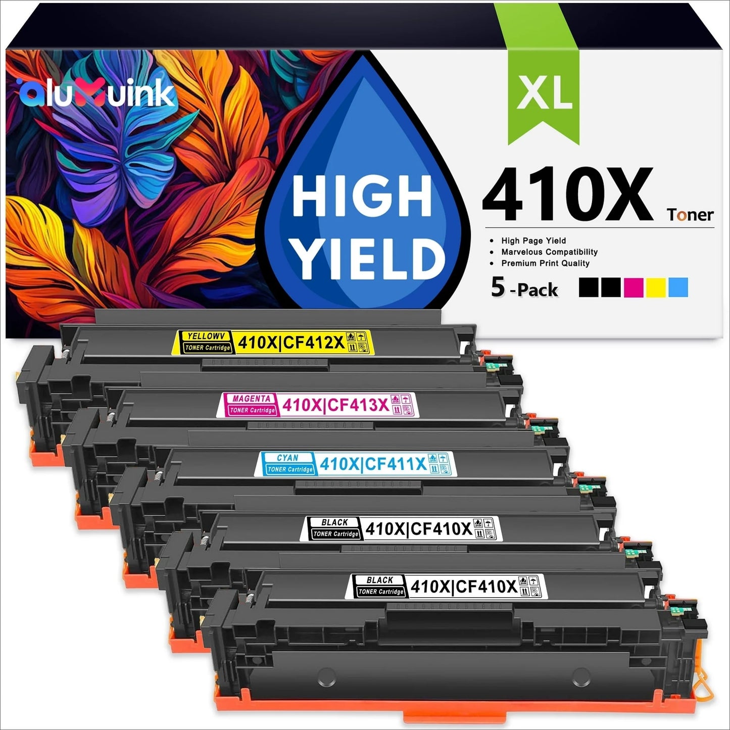 410X Toner Cartridge 5 Pack Compatible for HP 410X CF410X CF411X CF413X CF412X For Color Laser Pro M452 Series, Color Laser Pro MFP M377, M477 Series Printers | 2Black, 1Cyan, 1Magenta, 1Yellow