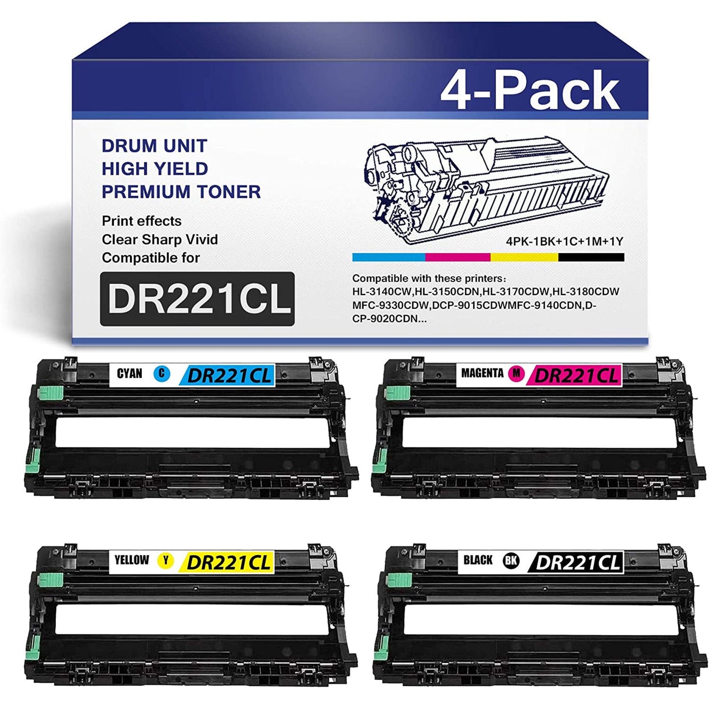 4PK DR221CL Drum Unit Replacement for Brother HL-3140CW 3150CDN Printer