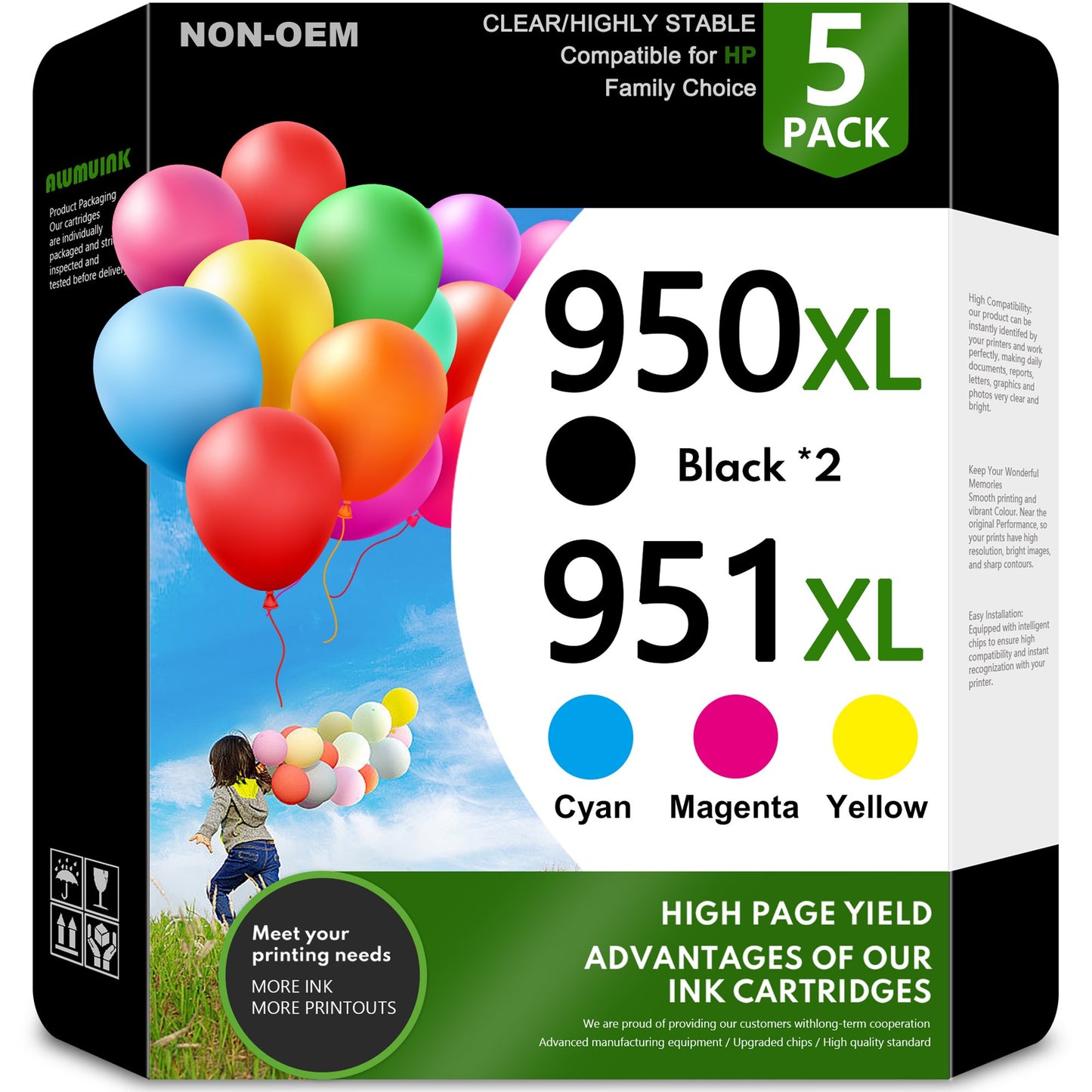 5 Pack 950XL 951XL Ink Cartridge Compatible for HP 950 951 Ink Cartridge Combo Pack ( Black Cyan Magenta Yellow)
