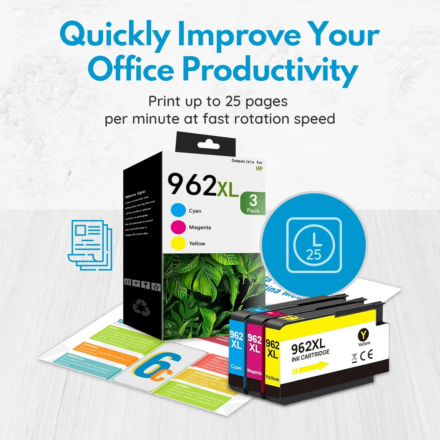 3 Pack 962XL Ink Cartridge 962 Cyan Magenta Yellow Compatible Whit HP 962 Ink 9020 9025e 9029