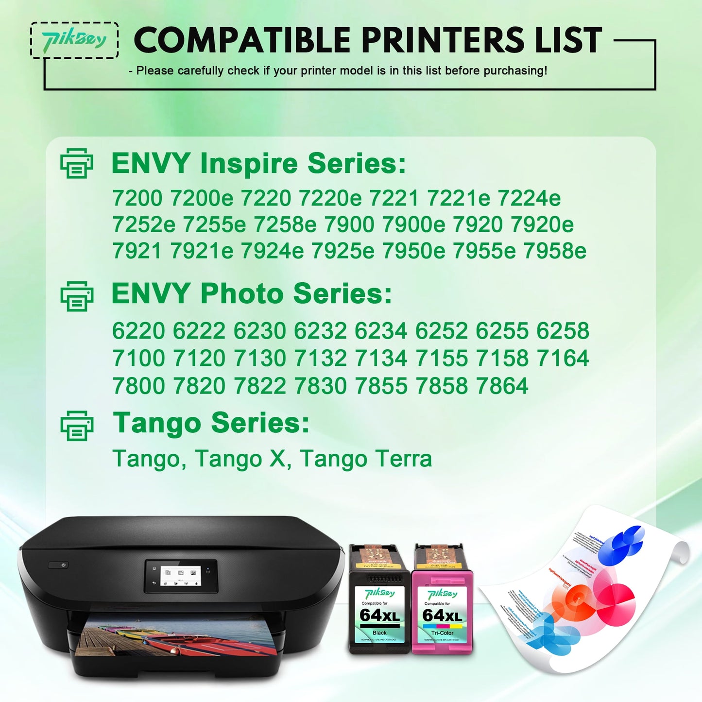 64XL Ink Cartridge 2-Pack Black/Tri-Color Compatible for HP 64 Ink Cartridges for ENVY Inspire 7250e 7950e ENVY Photo 6220 7100 7800 Printer
