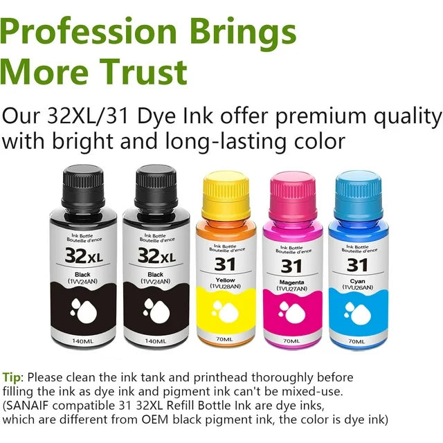 31 Ink 32XL Black Ink Bottle Set Compatible for HP 31 32 XL Ink Bottle Set for Smart Tank 5000 6001 7301 Printers
