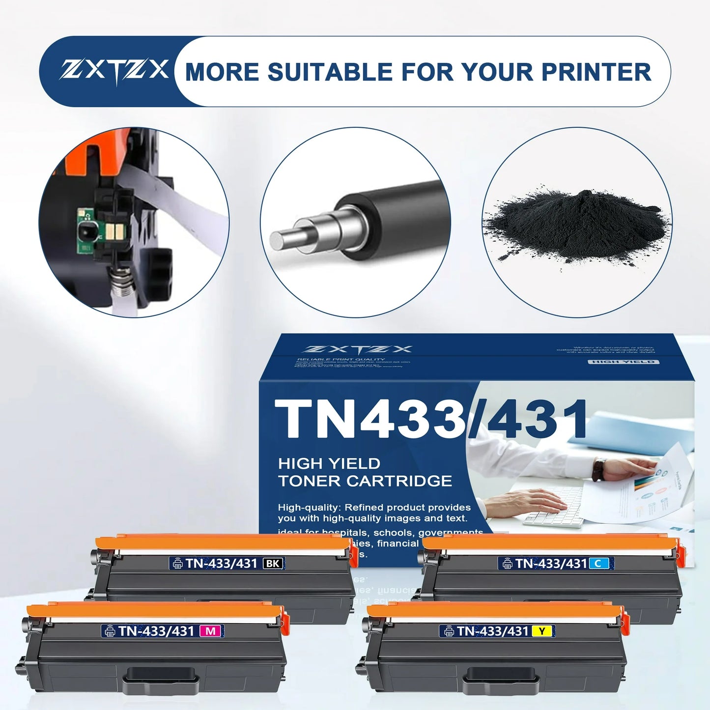 TN433 TN431 Toner Compatible for Brother TN433 TN431Toner Cartridges for MFC-L8610CDW Printer 4-Pack