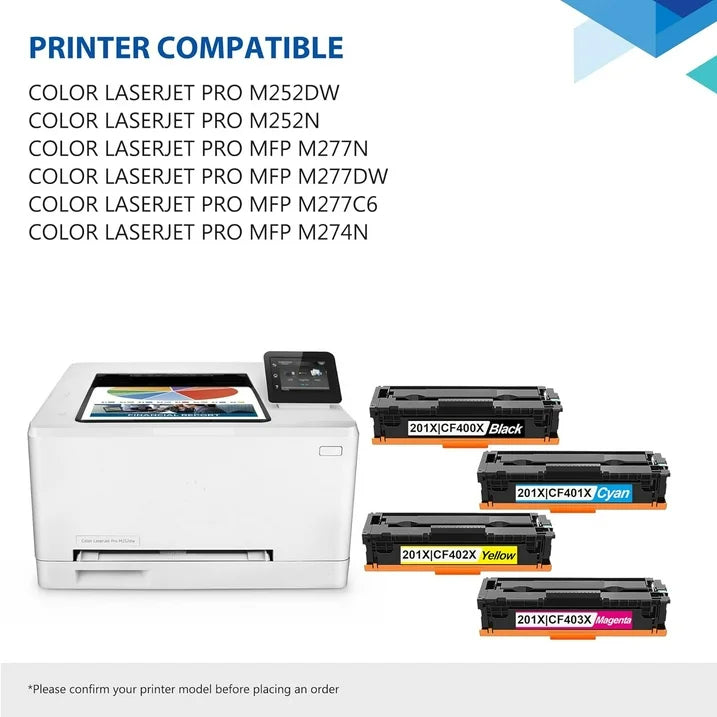201X Toner Cartridges 4 Pack High Yield with Chip, CF400X Black CF401X Cyan CF402X Yellow CF403X Magenta Compatible for HP 201X 201A for Color Pro M252, Color Pro MFP M277 Series Printer