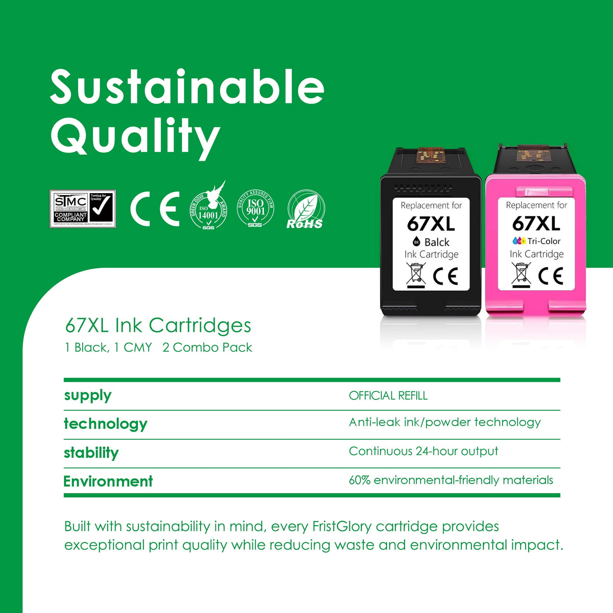 67 XL 67XL Ink Cartridges 2-Pack Black and Tri-Color Compatible for HP 67 Ink Cartridges for DeskJet 2700 2700e 2855e 2755 2755e 4155e 4255e Envy 6000 6400 6055e Printers