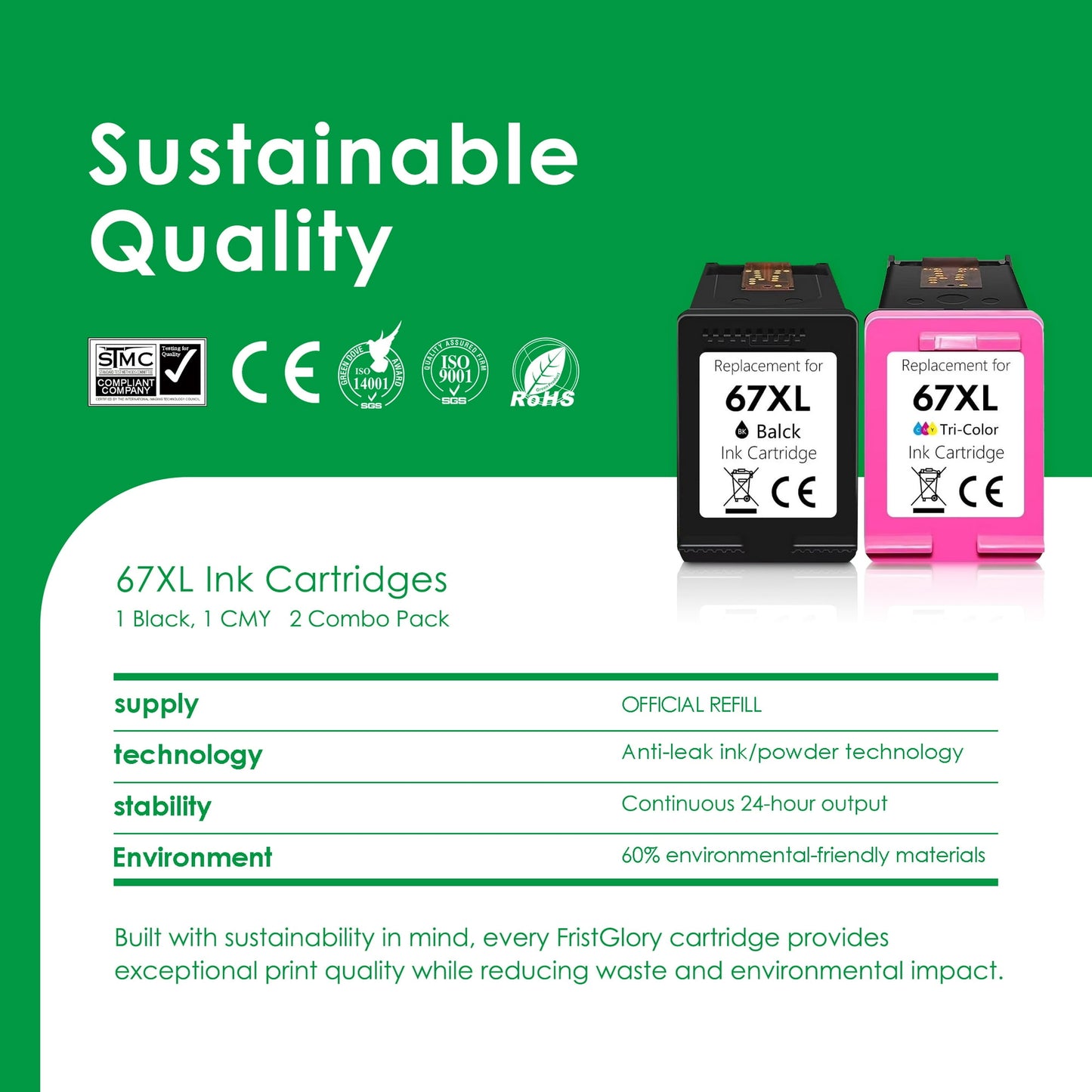 67 67xl Ink Cartridges Black/Color Combo Pack 2800e 2755e Compatible for HP67 XL for HP Deskjet 2800e 6055e 2855e 2755e 6000 4255e 2700 4155e 2827e 2700e 6400 6458 6458e Printer (1 Black,1 Tri-Color)