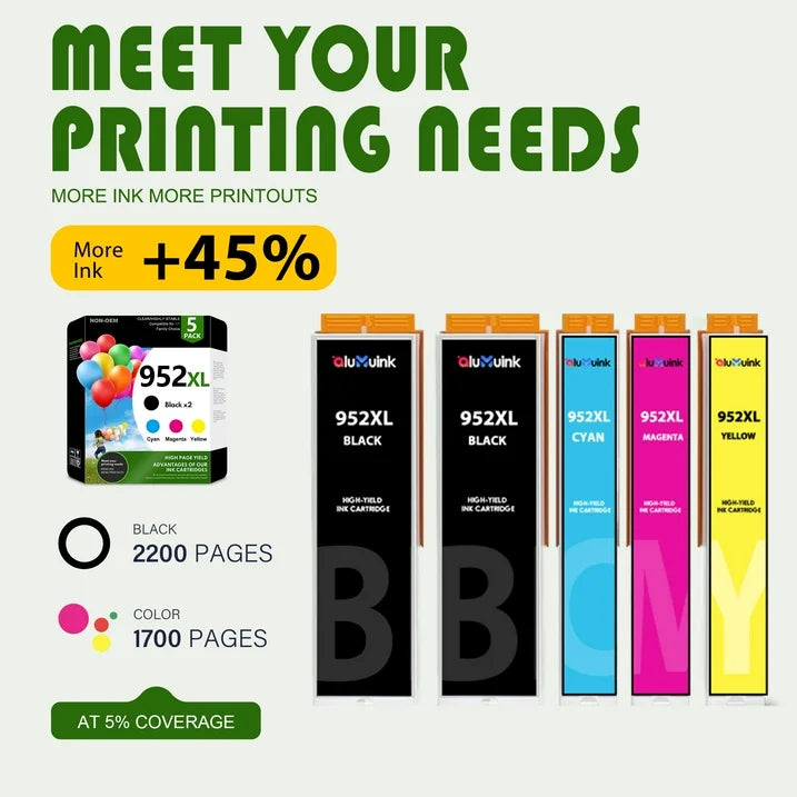 5-Pack 952 XL Ink Cartridge Compatible for HP 952 Ink Black*2 Cyan*1 Magenta*1 Yellow*1 High Yield