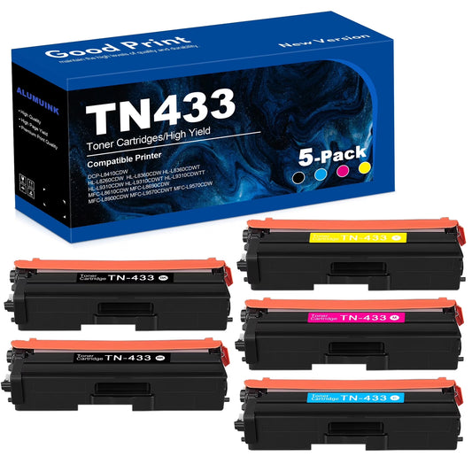 6,700 Pages TN433 High Yield Toner Cartridge Replacement for Brother TN433 Toner HL-L8260CDW L8360CDW MFC-L8610CDW Printer 5Pack (2Black,1Cyan,1Magenta,1Yellow)