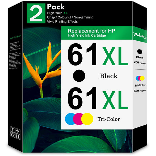 61XL Ink Cartridge 2-Pack Black/Tri-color Compatible for HP 61 Ink Cartridges for Envy 4500 4501 4502 Officejet 4630 4635 Deskjet 1000 1010 2540 Printer