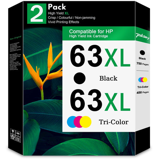63XL Ink Cartridges 2-Pack Black/Tri-Color Compatible for HP 63 ink cartridges for Officejet 3830 4650 5200 5255 Envy 4520 4512 Deskjet 1112 3630 Printer