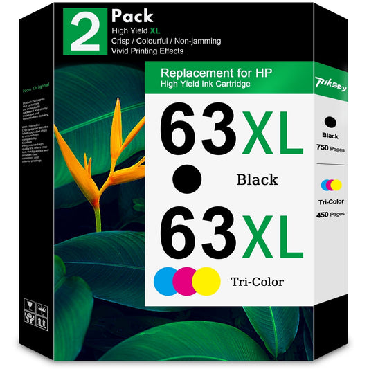63XL Ink Cartridge 2-Pack Black/Tri-Color Compatible for HP 63 Ink Cartridges for Officejet 3830 4650 5255 5258 4655 5252 Envy 4520 4512 Printer