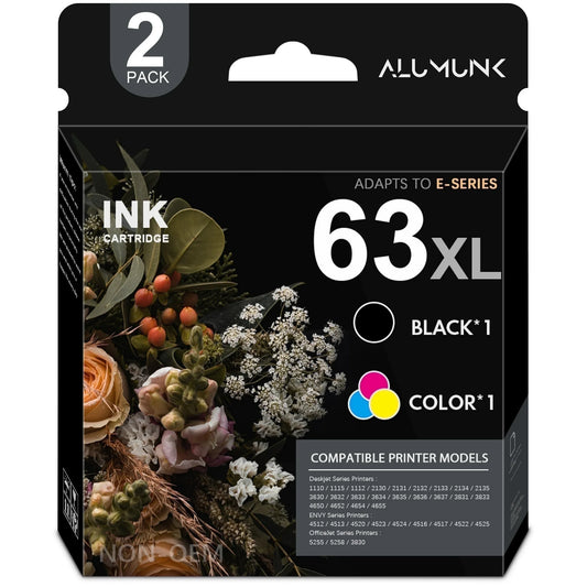 63XL Ink Cartridge Compatible for HP 63 Ink Cartridges for Officejet 3830 45200 5255 Deskjet 1112 3630 Printer( Black Tri-Color)