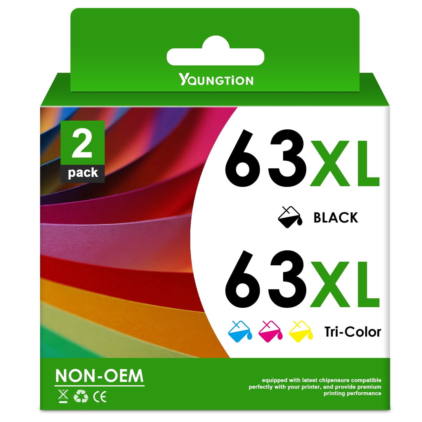 63XL Ink Cartridges Compatible for HP 63 Black / Tri-Color for Printer 63XL Ink Cartridges 2-Pack