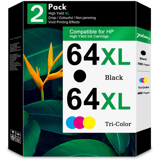 64XL Ink Cartridge 2-Pack Black/Tri-Color Compatible for HP 64 Ink Cartridges for ENVY Inspire 7250e 7950e ENVY Photo 6220 7100 7800 Printer