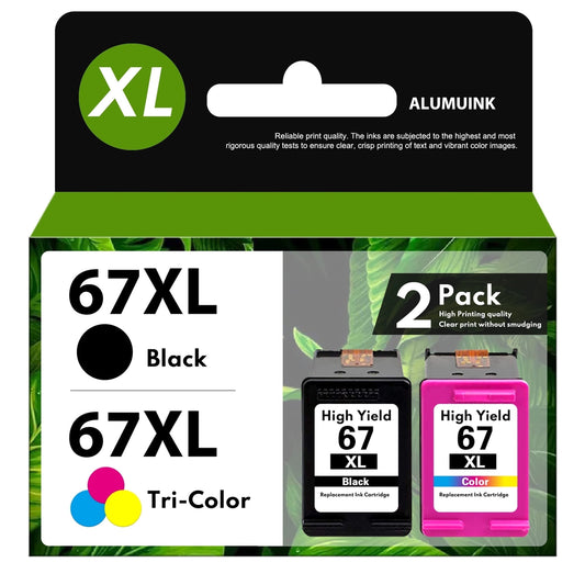 67XL Ink Cartridge Black/Tri-Color Compatible for HP 67 Ink Cartridges for DeskJet 2700 2755e 2800 2855e 4155e 4255e 2755 2852e Envy 6000 6055e 6455e Printer (2-Pack)
