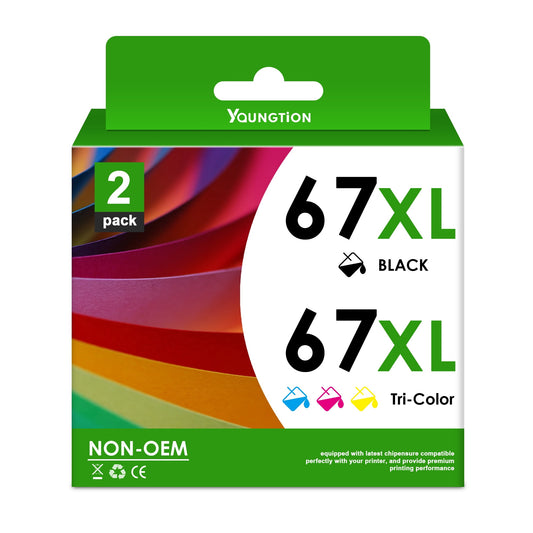 67xl Ink Cartridge Compatible for HP 67 Ink Cartridges - Black/Tri-Color, 2 Pack