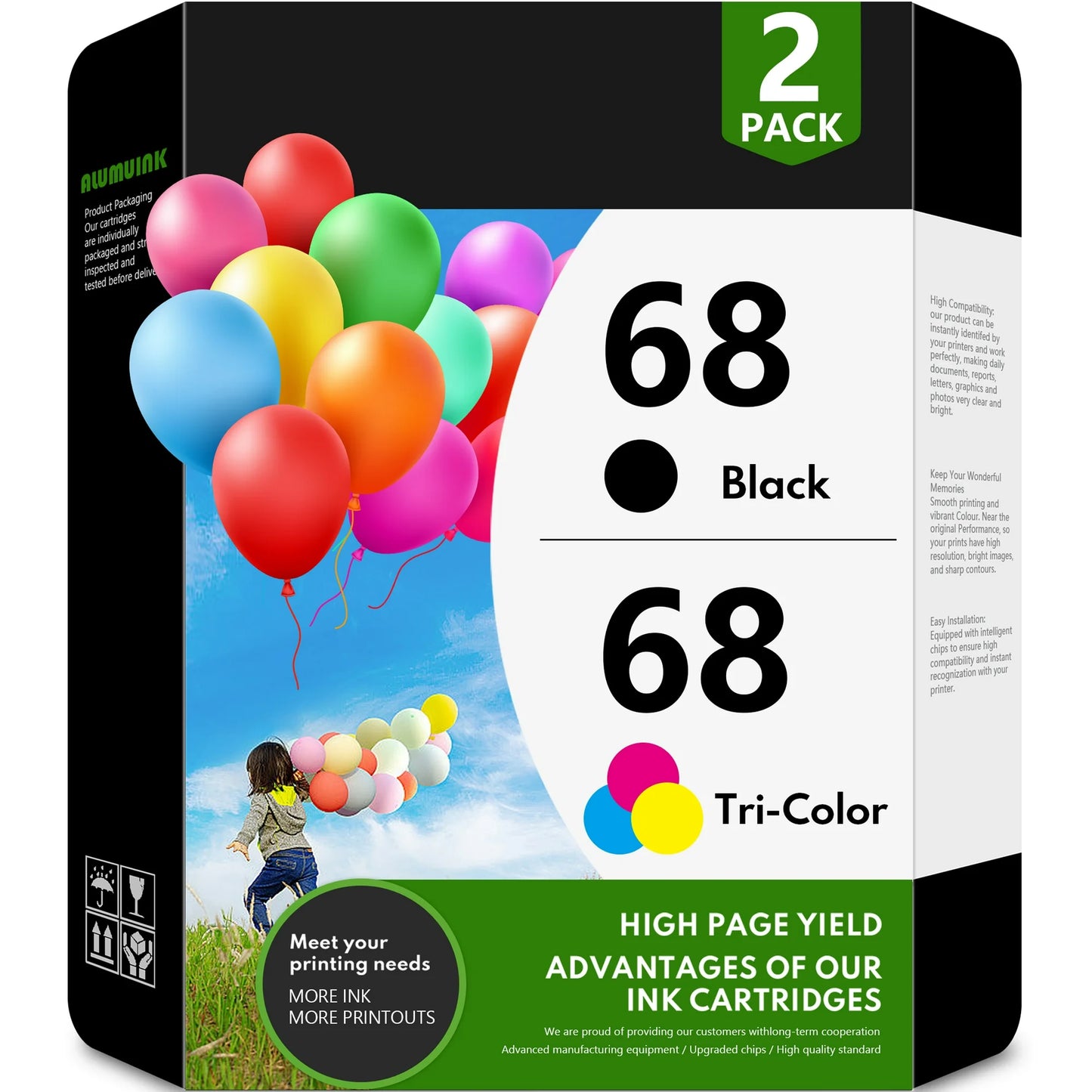 68 Ink Cartridge Compatible for HP 68 Ink Cartridges for Envy 6552e 6555e 6155e 6152e 6558e 6552e 6555e Printers 2-Pack