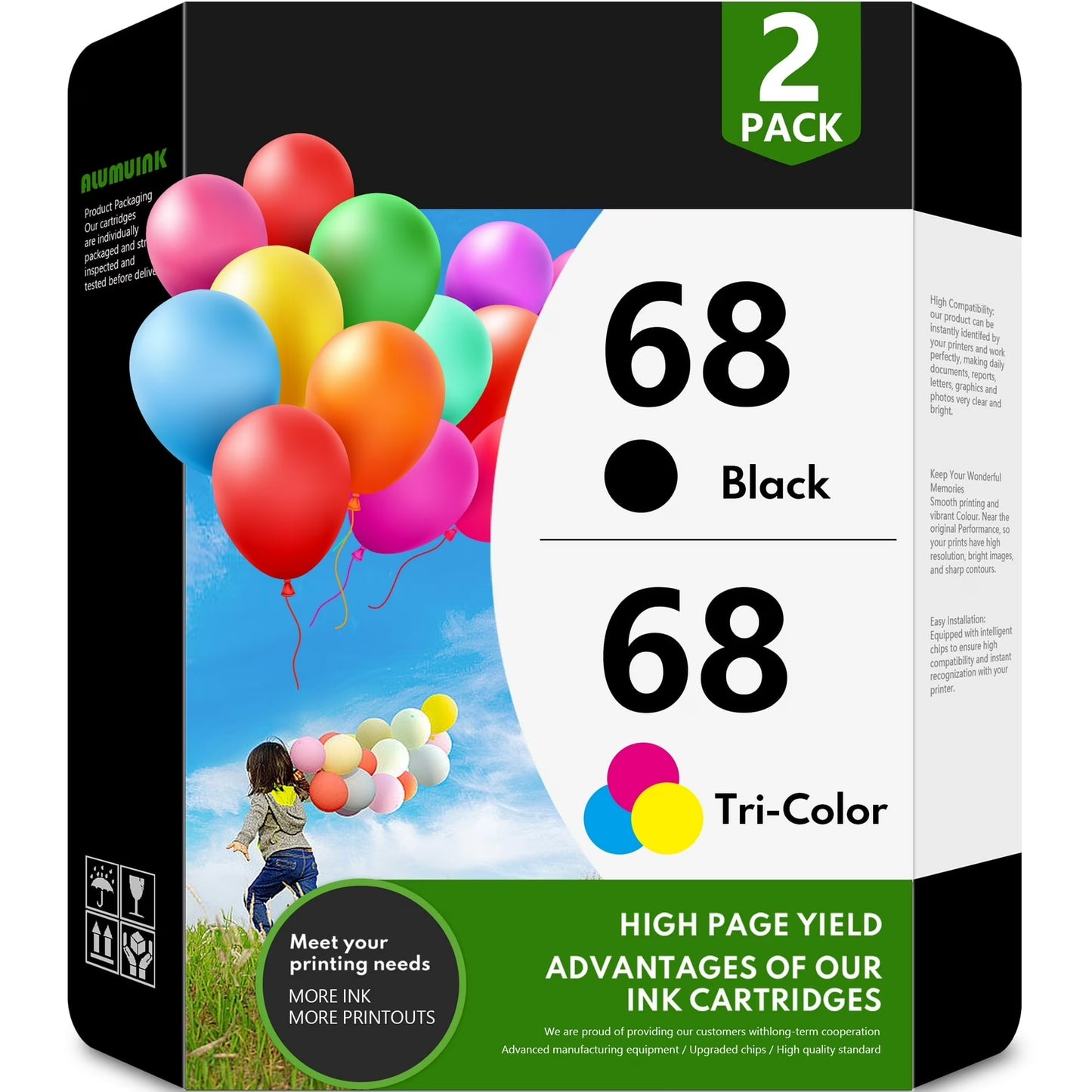 68 Ink Cartridge Compatible for HP 68 Ink Cartridges for Envy 6552e 6555e 6155e 6152e 6558e 6552e 6555e Printers 2-Pack