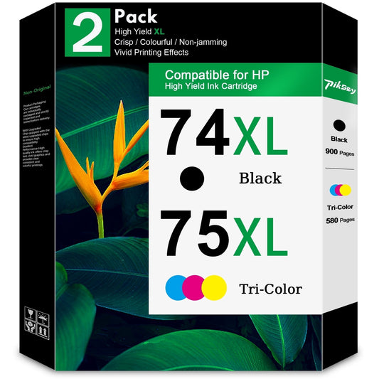 74XL 75XL Ink Cartridges (2-Pack, Black/Tri-Color) - Compatible for HP 74 75 XL Ink Cartridges for DeskJet D4260 Photosmart C4280 C4300 C4400 C4500 OfficeJet J5788 J6480 Printers