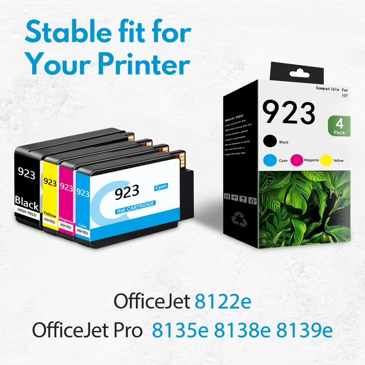 923 Ink Cartridges Compatible for 923 Ink Cartridges Work with for OfficeJet 8122e OfficeJet Pro 8135e 8138e 8139e Printer (4-Pack, Black/Cyan/Yellow/Magenta)