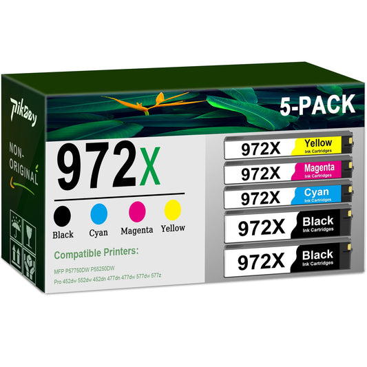 972X Ink Cartridges High Yield Combo Pack (5-Pack, 2Black/1Cyan/1Magenta/1Yellow) Compatible for HP 972X 972 Ink Cartridge for HP Pagewide MFP P57750DW Pro 452dn 452dw 552dw 477dw 577dw Printer
