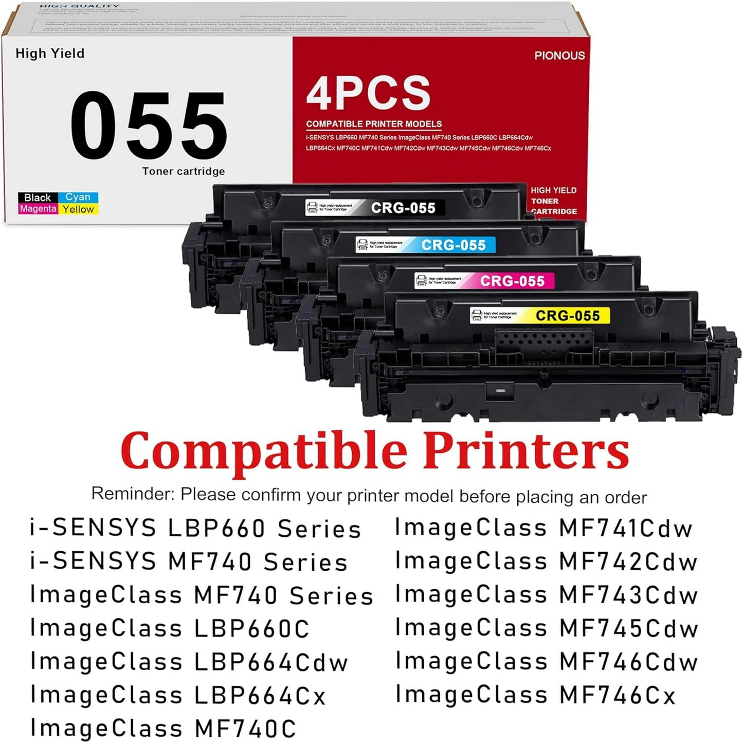 055 Toner Cartridge Set (4-Pack, Black, Cyan, Magenta, Yellow) Compatible 055 High Yield Replacement for Canon 055 Toner Color imageCLASS MF743Cdw MF741Cdw MF745Cdw MF746Cdw LBP664Cdw Printer