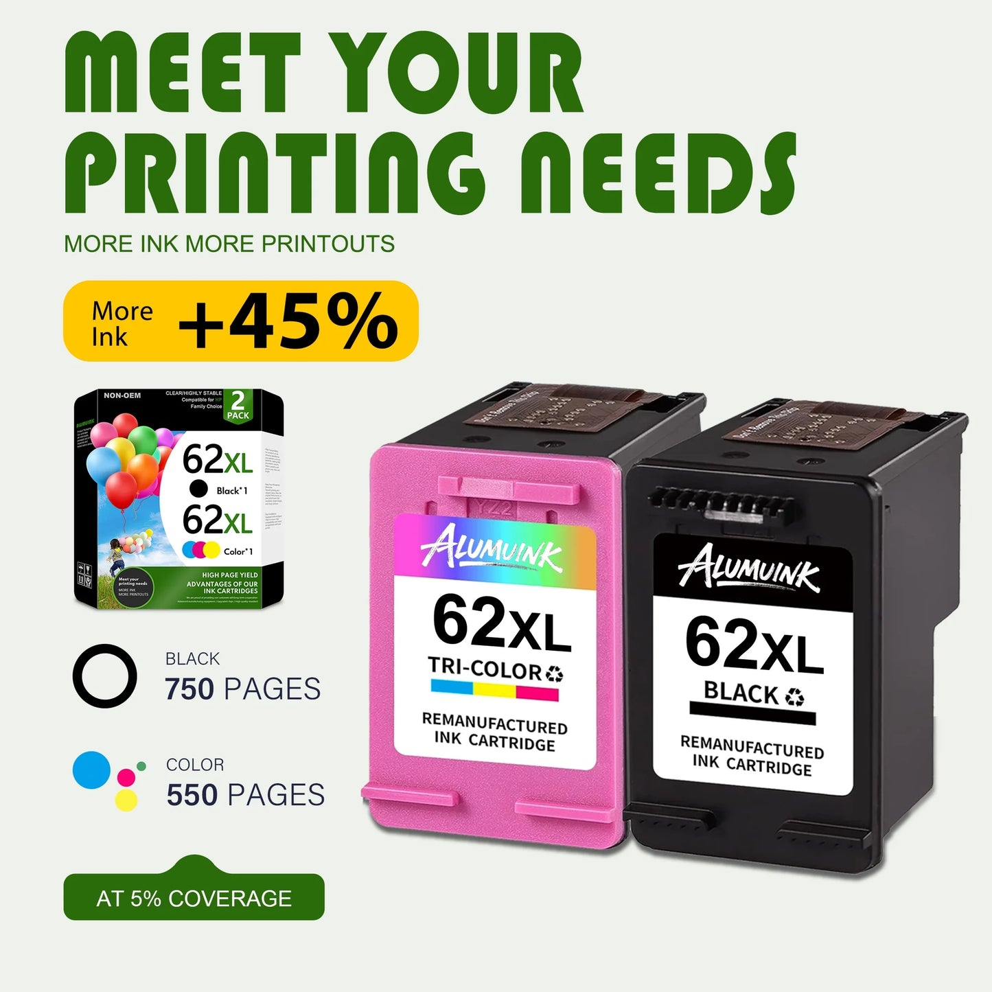 62XL Ink Black/Tri-Color Compatible for HP 62 Ink Cartridges for HP Envy 7640 Officejet 8040 Printer