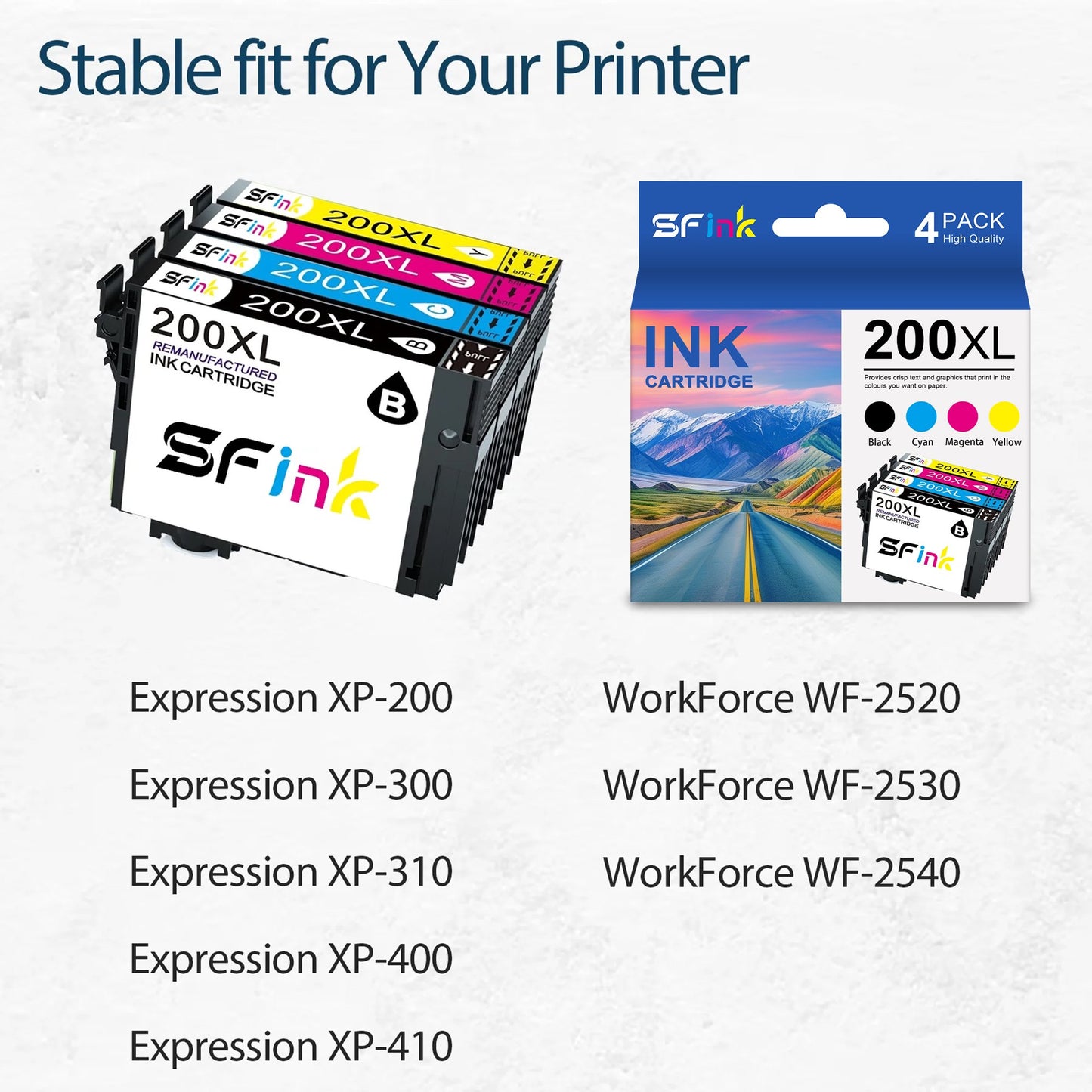 T200XL 200 XL Ink Cartridge 4-Pack Compatible for Epson 200XL Ink Cartridges for Epson Expression XP-410 XP-400 XP-310 XP-300 XP-200 Workforce WF-2520 2530 2540 (Black,Cyan,Magenta,Yellow)